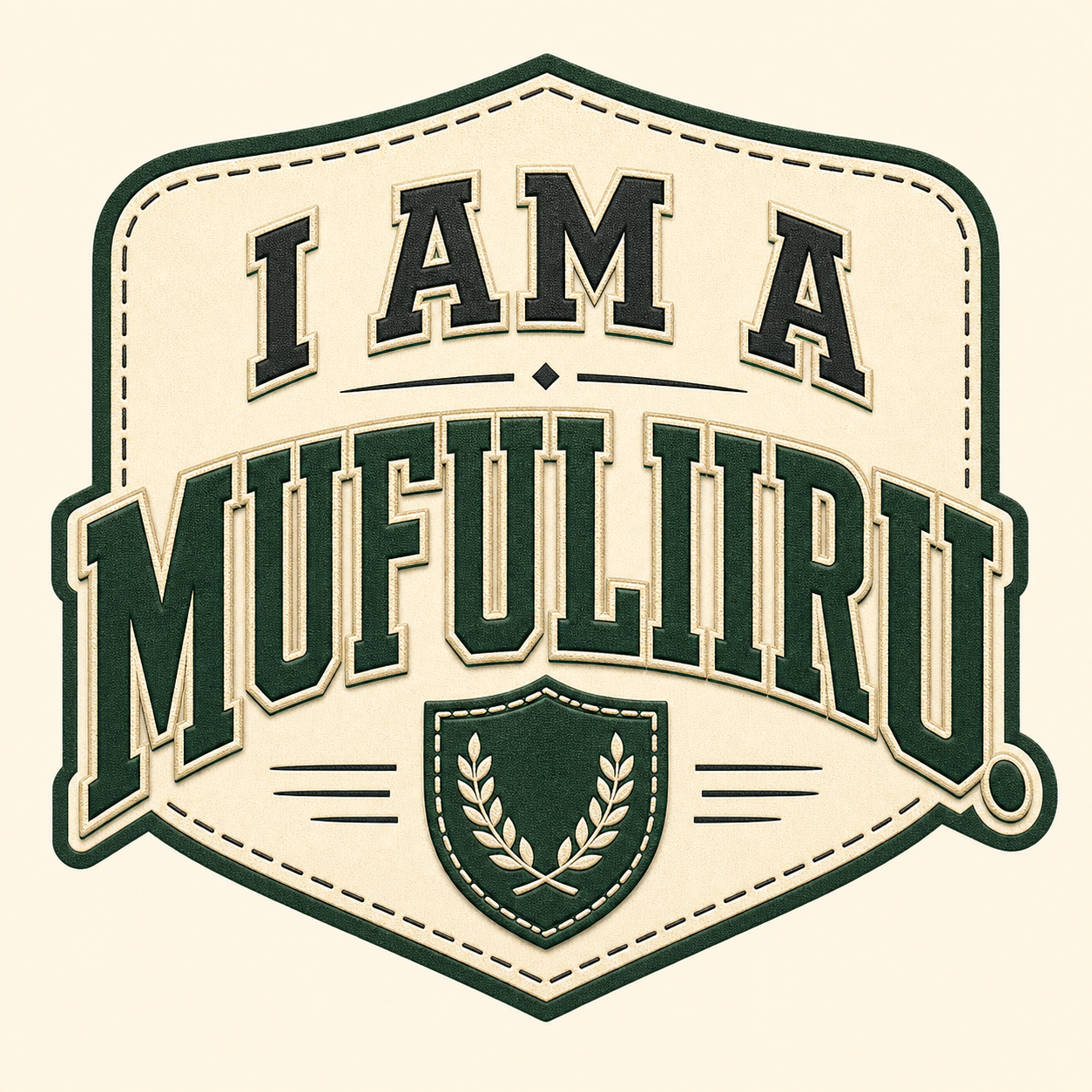 Varsity arch badge artwork with the phrase I am a Mufuliiru in green and cream collegiate lettering.