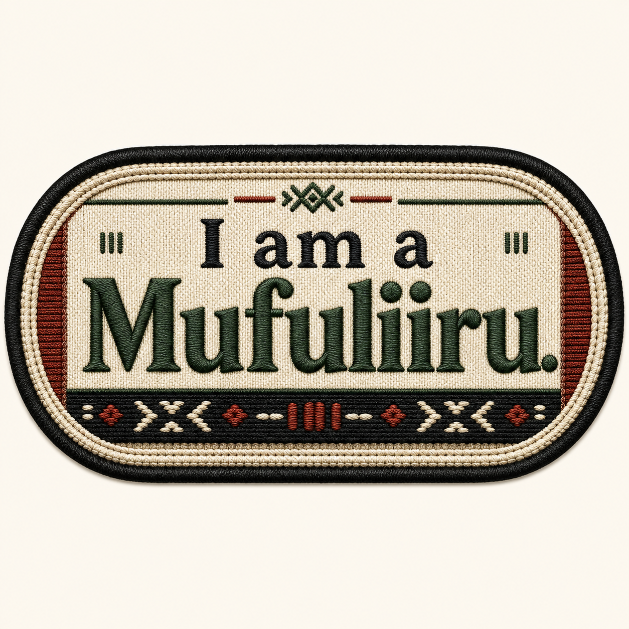 Woven patch label artwork with the phrase I am a Mufuliiru in stitched green and black lettering.