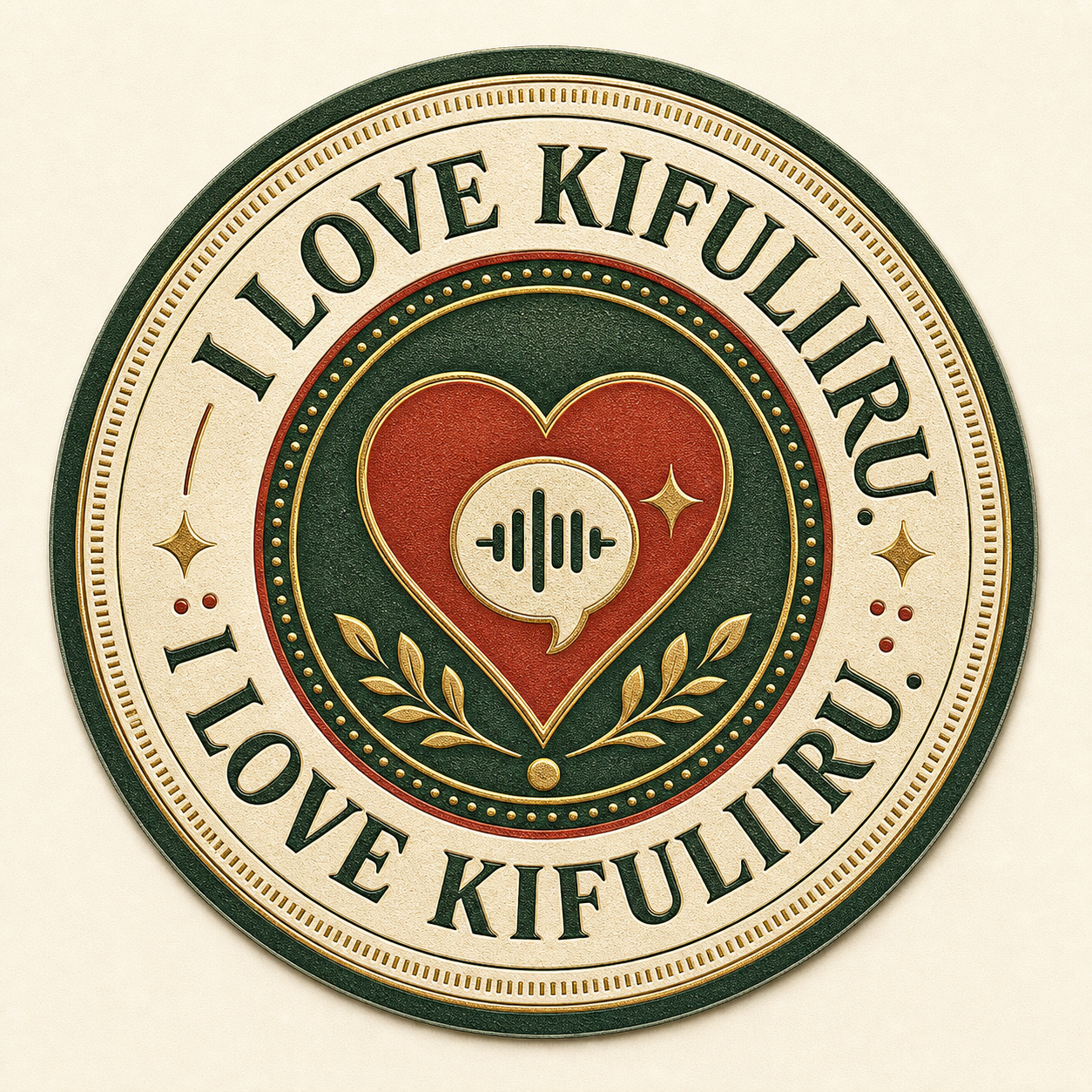 Circular heritage seal artwork with the phrase I Love Kifuliiru around a heart and voice icon.
