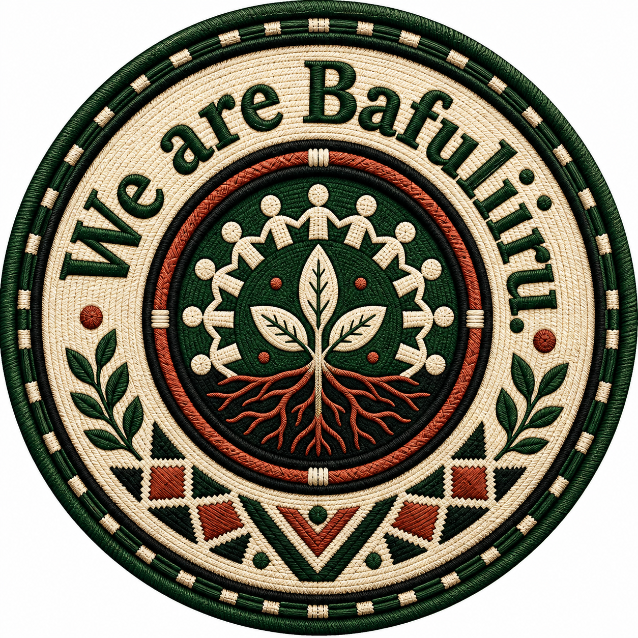Double-ring woven community badge with the phrase We are Bafuliiru around roots, leaves, and community figures.