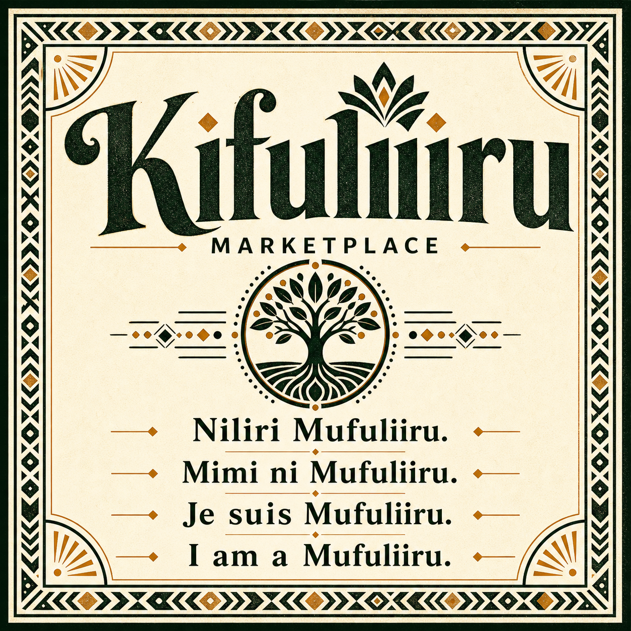 Framed multilingual Kifuliiru Store poster with Niliri Mufuliiru, Mimi ni Mufuliiru, Je suis Mufuliiru, and I am a Mufuliiru.