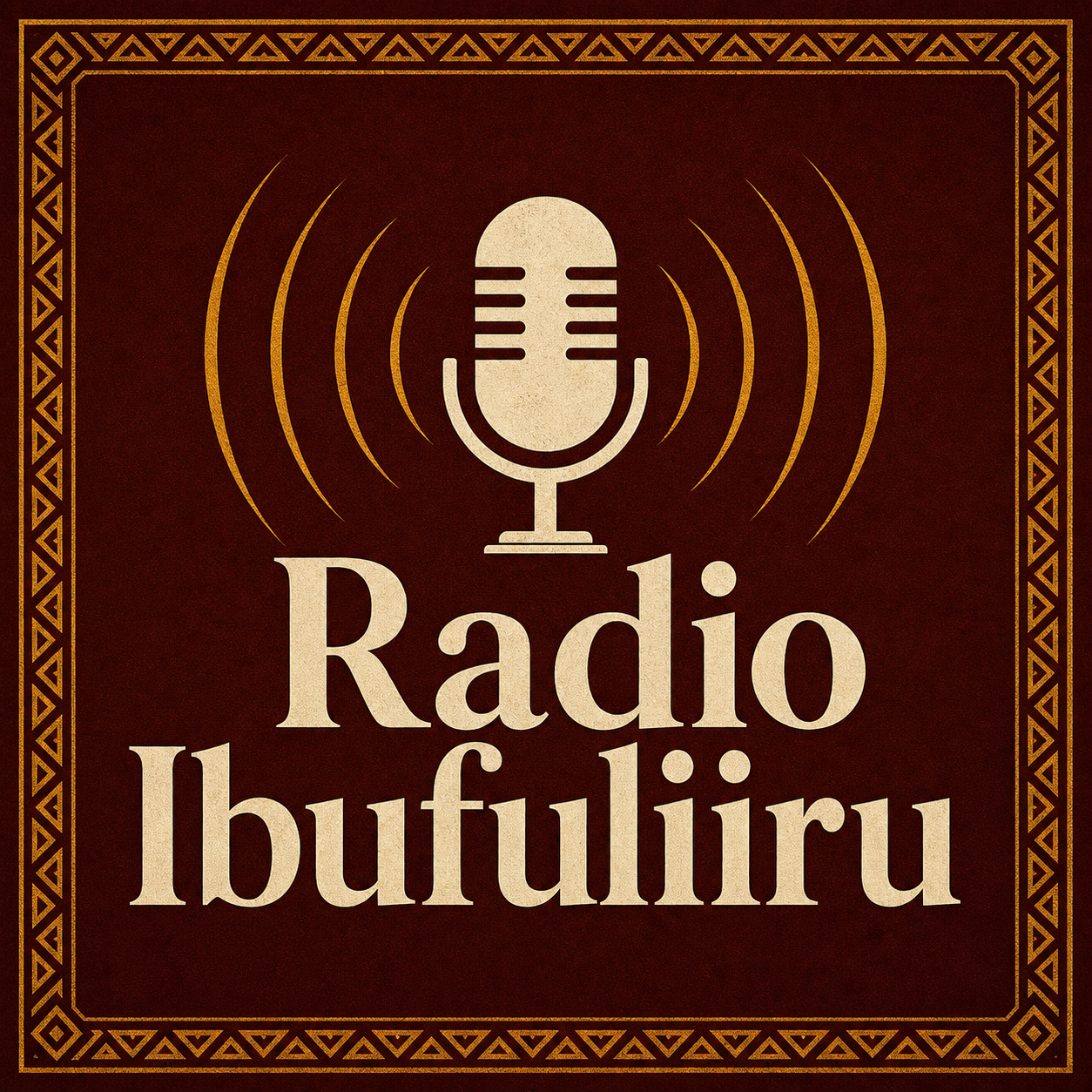 Radio Ibufuliiru artwork with a vintage microphone, signal waves, and warm burgundy broadcast styling.