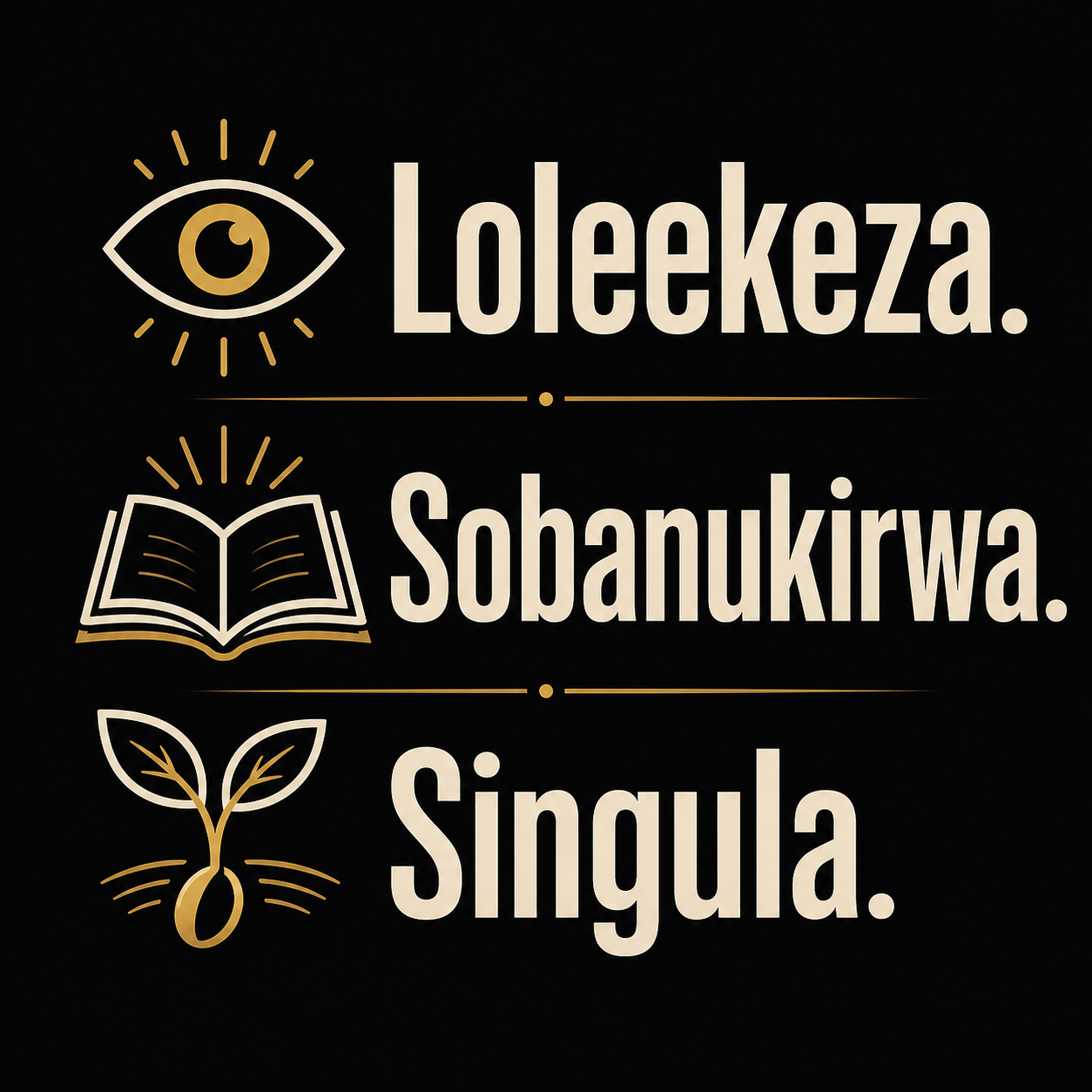Kifuliiru preservation motto artwork with the words Loleekeza. Sobanukirwa. Singula. and simple icon marks.