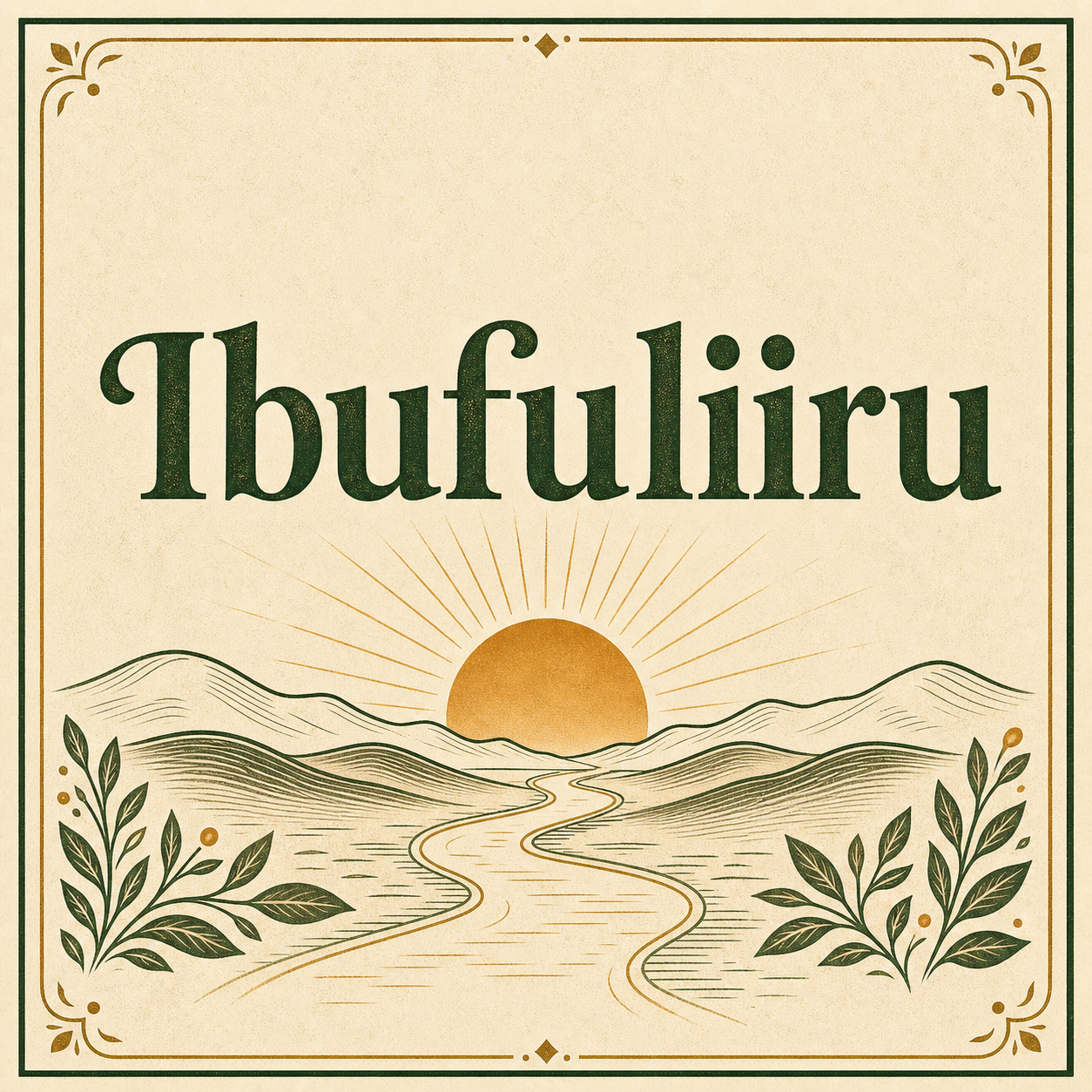 Ibufuliiru heritage poster with dark green lettering, a warm sun, river path, hills, leaves, and a decorative frame.