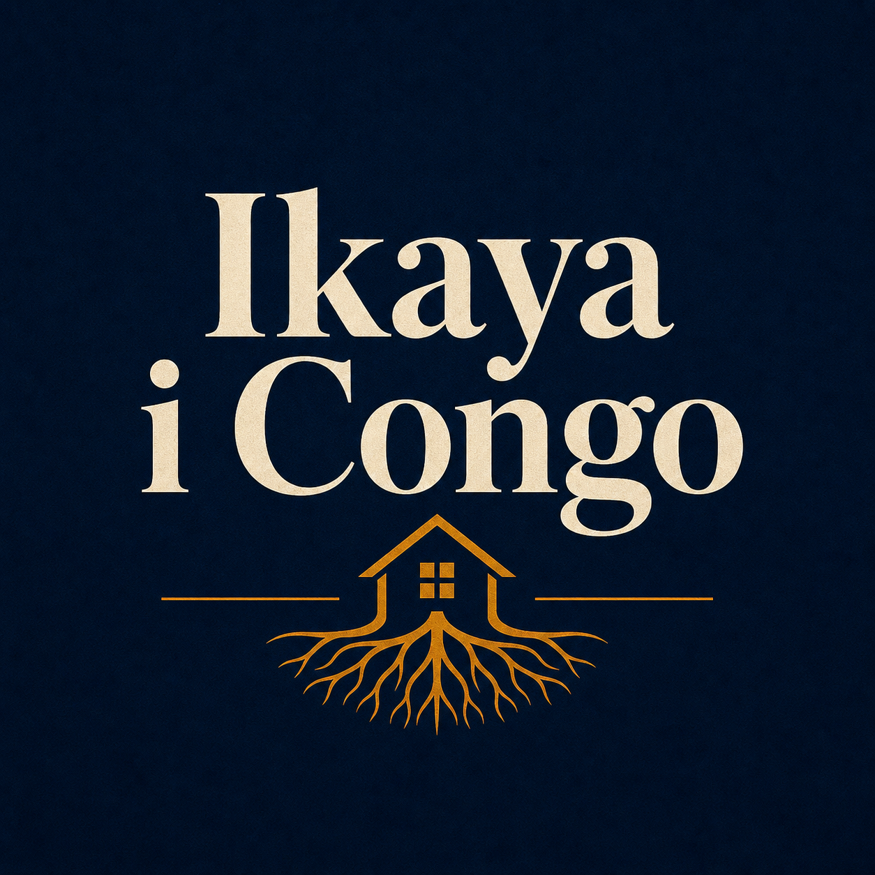 Ikaya i Congo artwork in cream lettering on a navy background with an amber house and roots symbol.