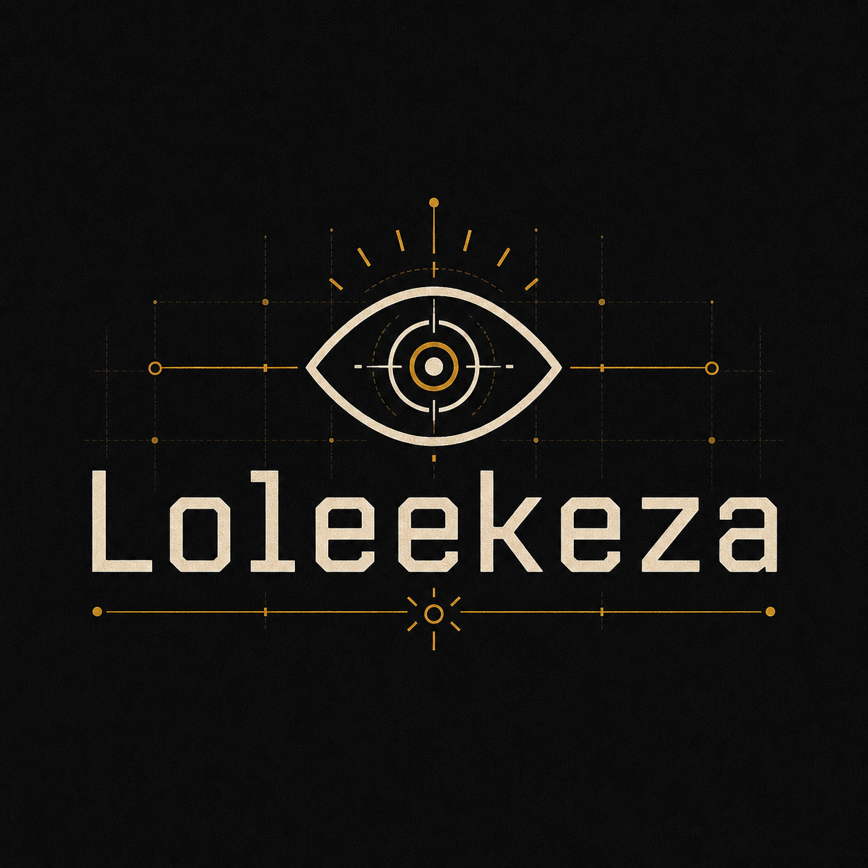 Loleekeza artwork with an eye observation symbol, coordinate grid accents, cream typography, and amber details on a dark background.