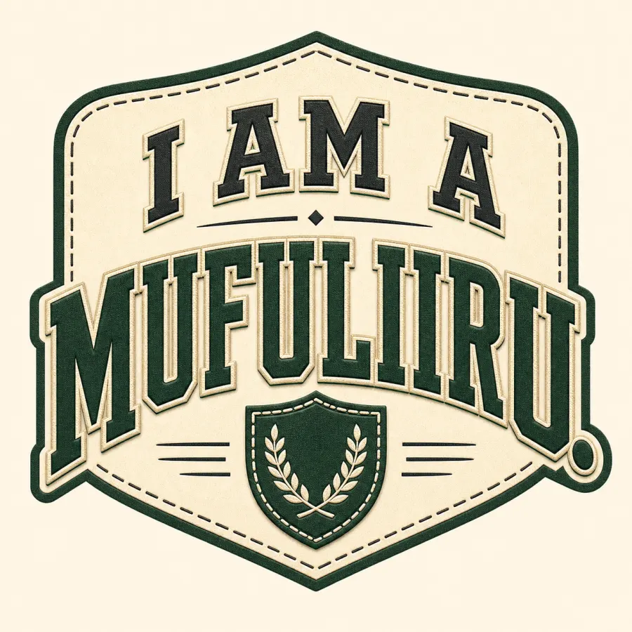 Varsity arch badge artwork with the phrase I am a Mufuliiru in green and cream collegiate lettering.
