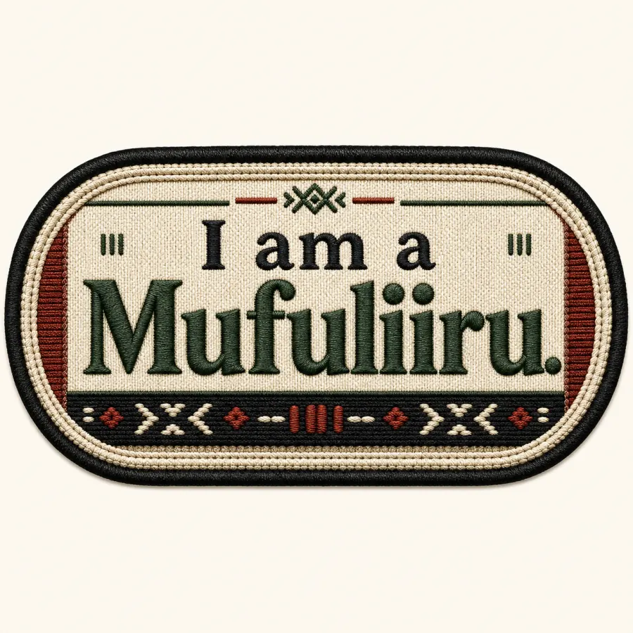 Woven patch label artwork with the phrase I am a Mufuliiru in stitched green and black lettering.