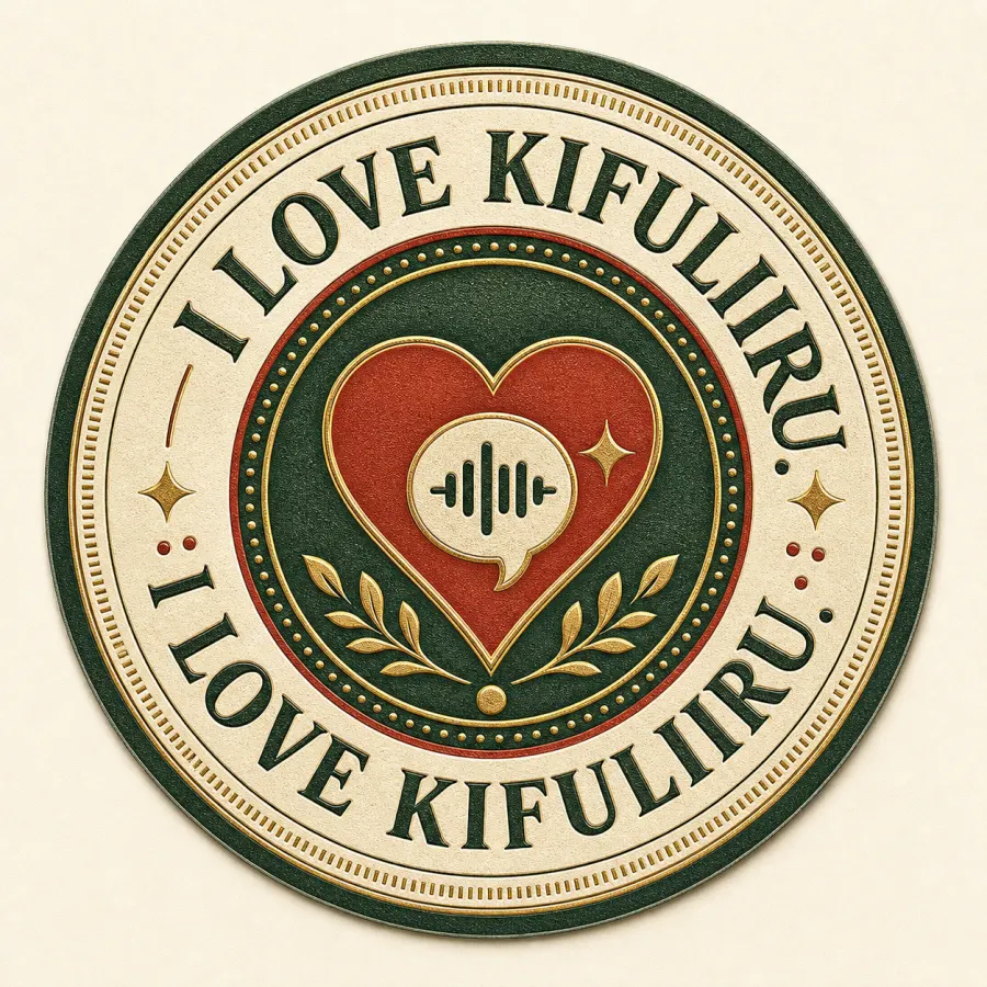 Circular heritage seal artwork with the phrase I Love Kifuliiru around a heart and voice icon.