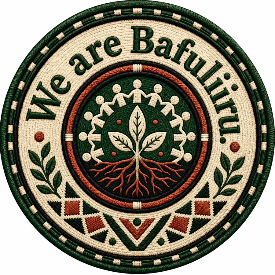 Double-ring woven community badge with the phrase We are Bafuliiru around roots, leaves, and community figures.