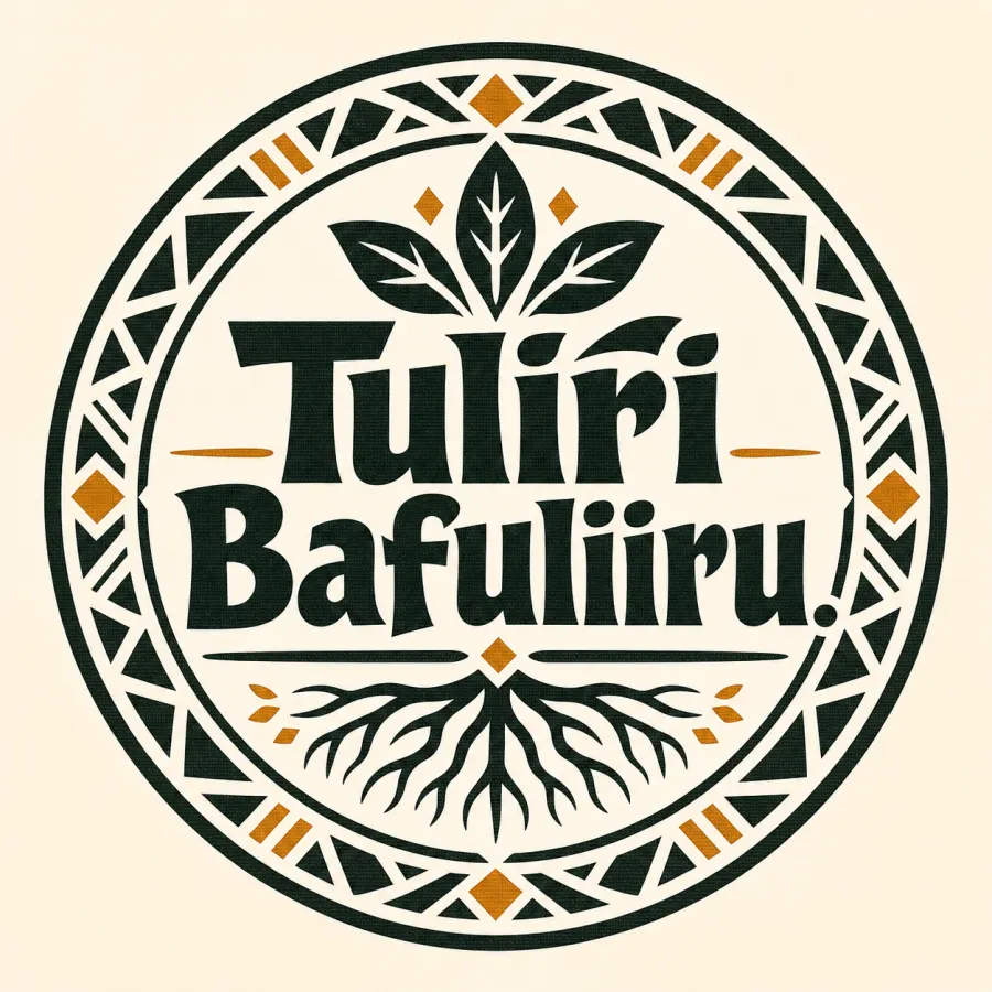 Circular community badge with the phrase Tuliri Bafuliiru, root and leaf symbols, and geometric green and amber border.