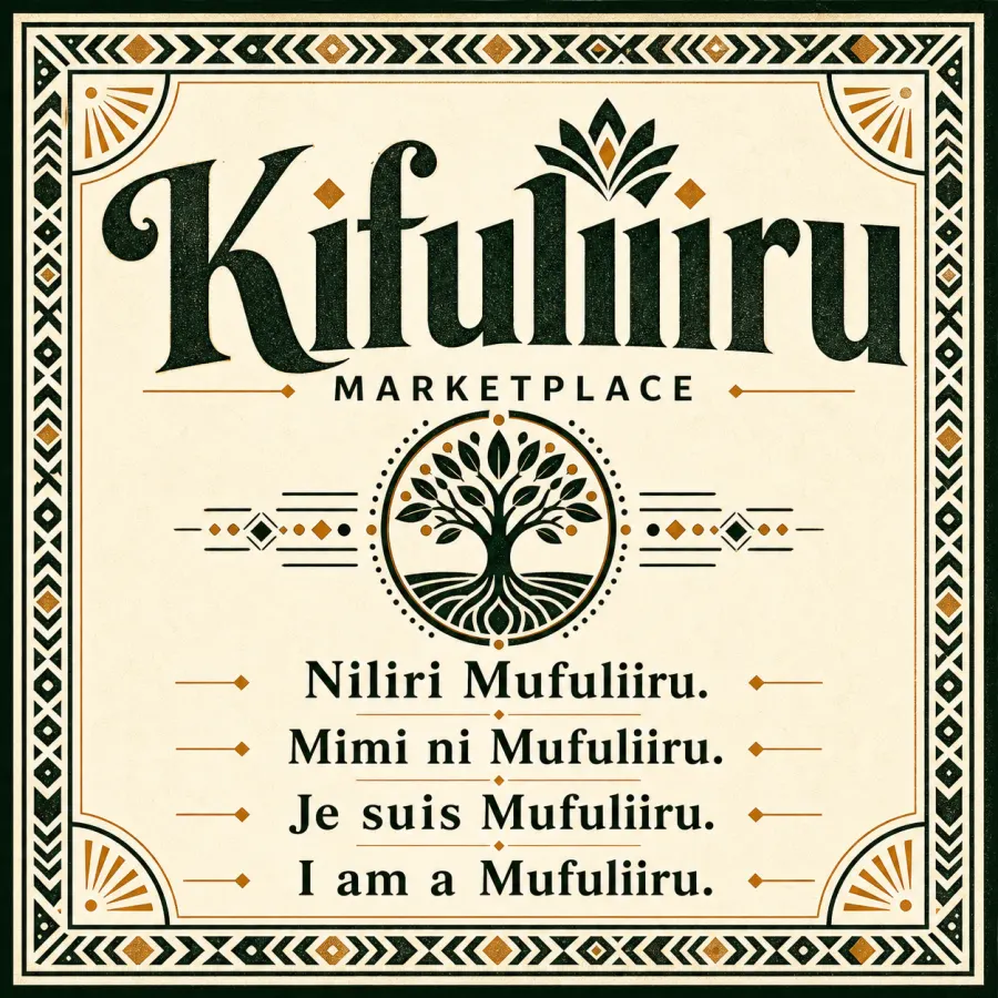 Framed multilingual Kifuliiru Store poster with Niliri Mufuliiru, Mimi ni Mufuliiru, Je suis Mufuliiru, and I am a Mufuliiru.