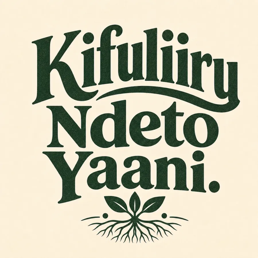 Kifuliiru language-pride artwork with the phrase Kifuliiru Ndeto Yaani in bold green lettering above a root and leaf mark.