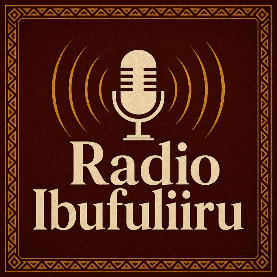 Radio Ibufuliiru artwork with a vintage microphone, signal waves, and warm burgundy broadcast styling.